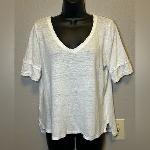 Anthropologie Linen Blend Cream Short Sleeve V-Neck Top Lace Trim Detail Sz M